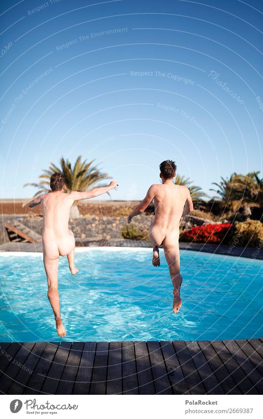 #AS# friendship maskulin Homosexualität Junger Mann Jugendliche Körper Haut 2 Mensch Glück springen nackt Nackte Haut Schwimmbad Freundschaft Hinterteil frei