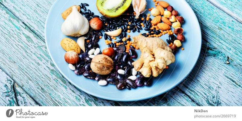 Konzept der gesunden Ernährung Lebensmittel Gesundheit Frucht Antioxidans Samen Superfood Vitamin Linsen organisch Diät Vegetarier Gemüse Bestandteil Protein