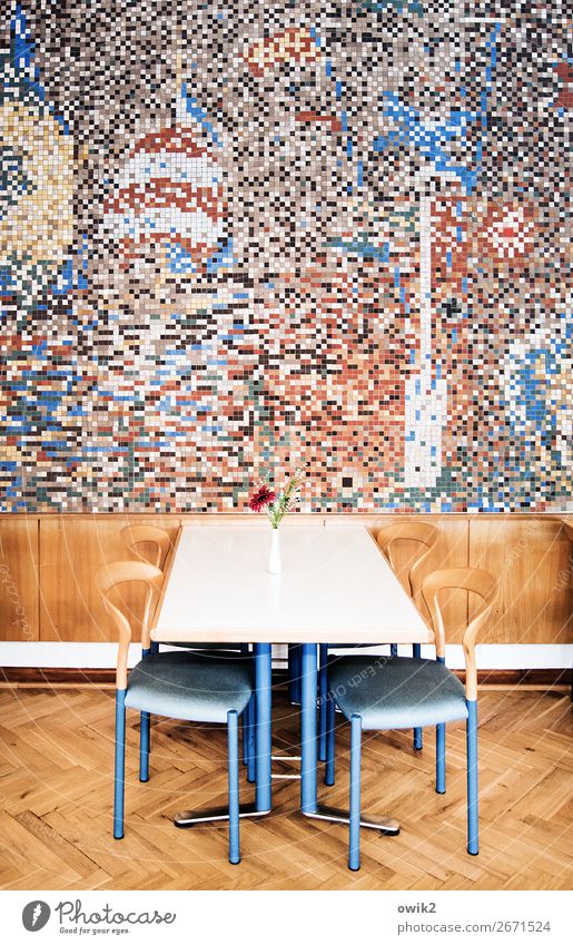 Mensa Innenarchitektur Dekoration & Verzierung Möbel Stuhl Tisch Raum Speisesaal Kunst Kunstwerk Mauer Wand Mosaik Wandmalereien Holzverkleidung Metall
