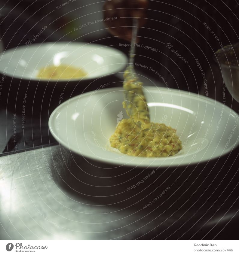 Safran. risotto Ernährung Reis Arbeit & Erwerbstätigkeit Beruf Koch Arbeitsplatz Küche Mensch feminin 1 Teller Löffel Pfanne einfach lecker Wärme anrichten