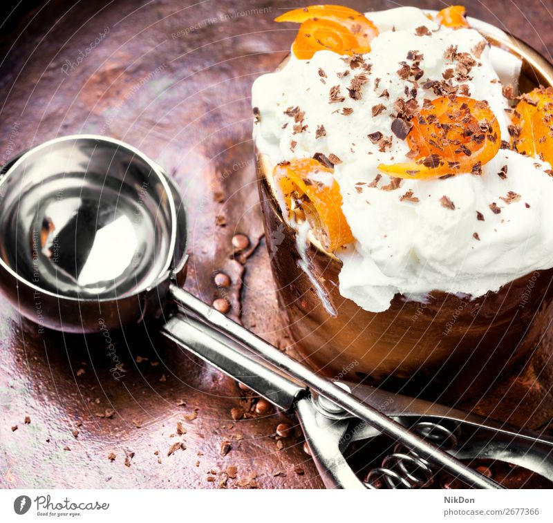 Leckere Orangeneiscreme Eisbecher süß Eiscreme Baggerlöffel Dessert orange weiß Sommer Geschmack gefroren lecker Vanille Speiseeis Schalen & Schüsseln cremig