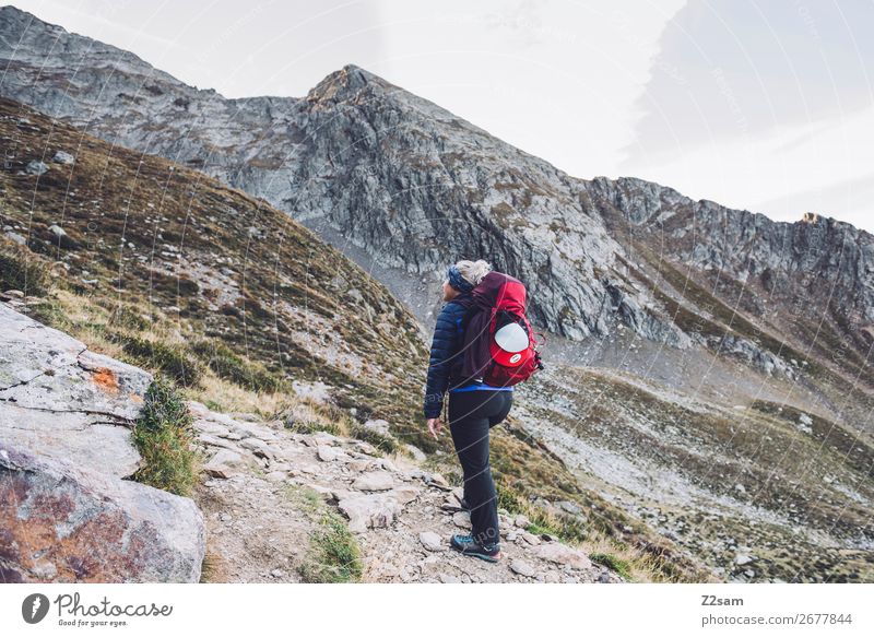 Junge Frau beim Aufstieg Freizeit & Hobby Expedition wandern Klettern Bergsteigen Natur Landschaft Felsen Alpen Berge u. Gebirge Gipfel Jacke Rucksack Erholung