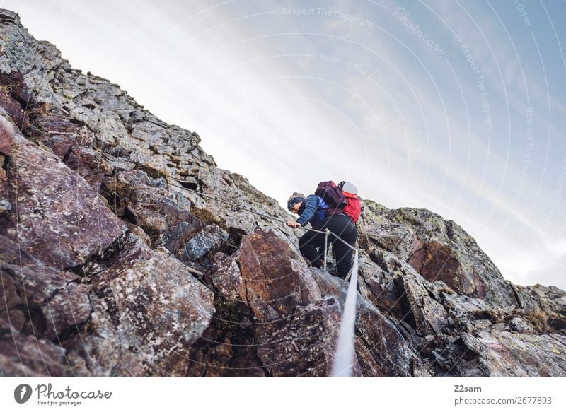 Junge Frau beim Aufstieg auf den Gipfel Freiheit Expedition Berge u. Gebirge wandern Klettern Bergsteigen Jugendliche Natur Landschaft Sommer Schönes Wetter