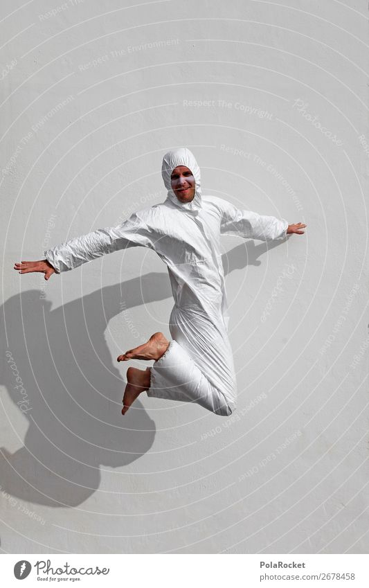 #AS# white jump Mensch maskulin Junger Mann Jugendliche Kunst Freude Glück weiß Kostüm Vorfreude springen fliegen Anzug Geborgenheit Angst Kontrast Zeichen