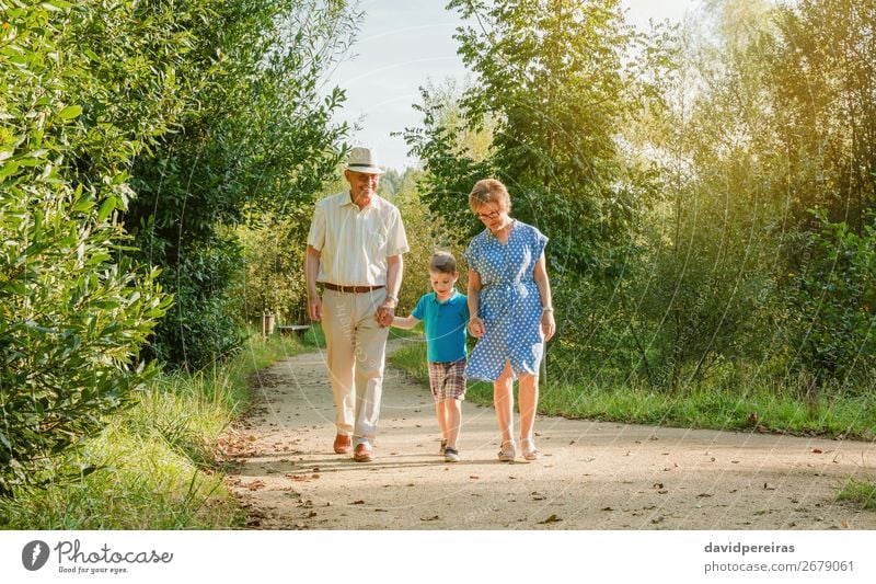 Großeltern und Enkel laufen in der Natur Glück Freizeit & Hobby Sommer Kind sprechen Mensch Junge Frau Erwachsene Mann Großvater Großmutter