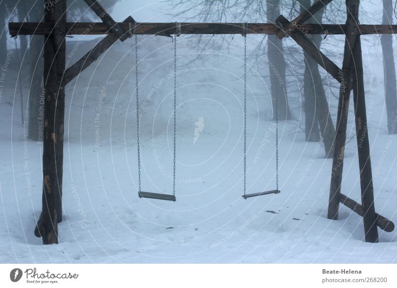Die Ruhe vor dem Sturm Winter Holz weiß Schaukel Menschenleer unbenutzt Farbfoto Außenaufnahme Dämmerung Licht Schnee Spielplatz trist trüb grau