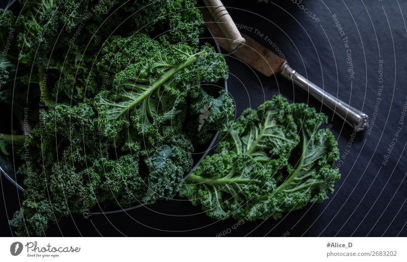 Frischer Grünkohl top view Lebensmittel Gemüse Salat Salatbeilage Suppe Eintopf Kohl Grünkohlblatt Ernährung Vegetarische Ernährung Diät Fasten
