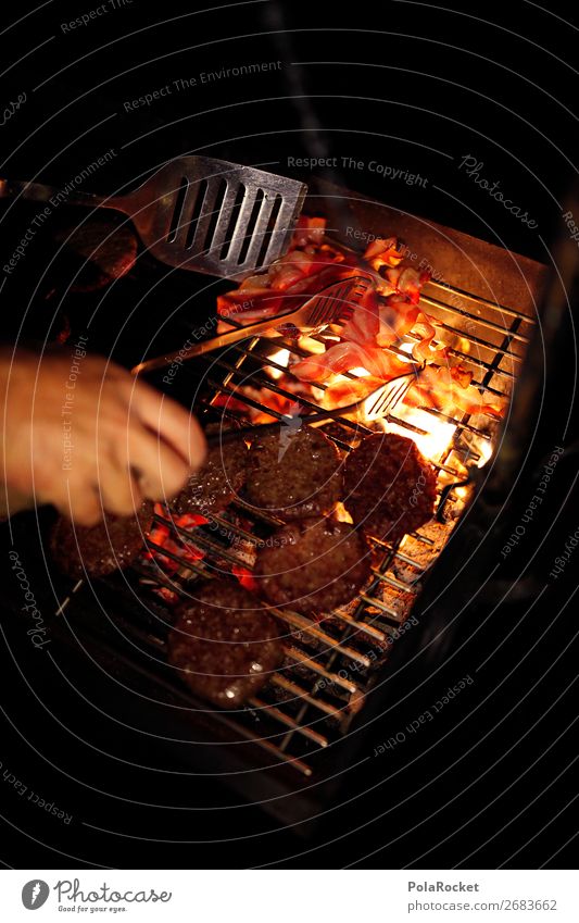 #AS# NachtBruzzler Lebensmittel Ernährung ästhetisch Grillen Nachtstimmung Steak Speck lecker Hamburger Cheeseburger Grillsaison Außenaufnahme Feuer Farbfoto