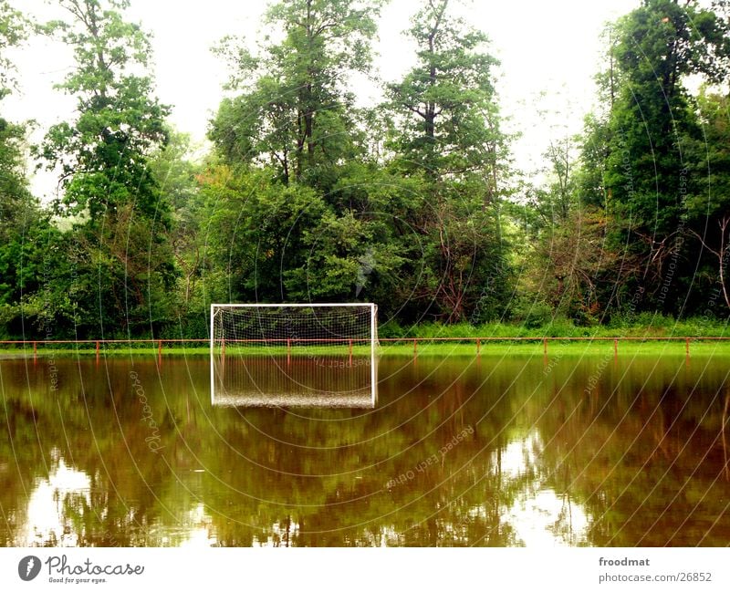 das Spiel fällt wohl überflutet aus Reflexion & Spiegelung Baum ruhig Hochwasser Sport Fußball Tor Überschwemmung Wasser Geländer Windstille Glätte Reflektion