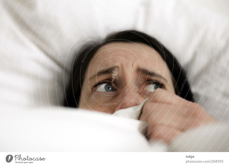 wenn die Träume lauern Häusliches Leben Bett Bettdecke Kissen Bettwäsche Frau Erwachsene Gesicht 1 Mensch 30-45 Jahre schwarzhaarig Denken festhalten liegen