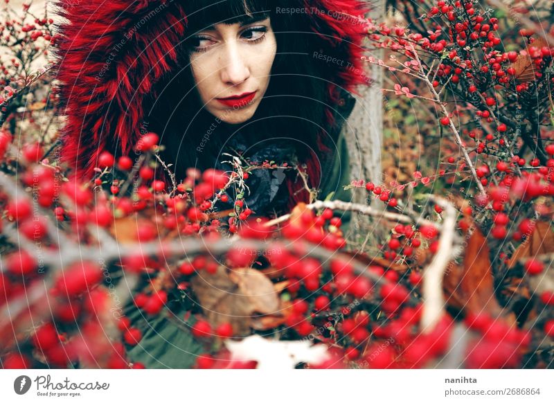 schöne junge brünette Frau in rot mit Kapuze Lifestyle Stil Gesicht Winter Mensch feminin Junge Frau Jugendliche Erwachsene 1 18-30 Jahre Natur Herbst Wald