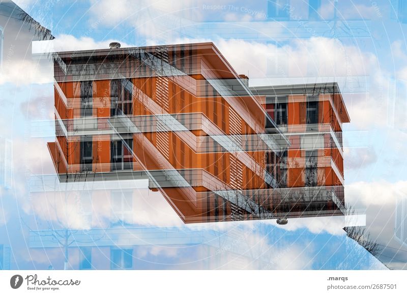 Haus (freistehend) Lifestyle Himmel Wolken Bauwerk Gebäude Architektur Fassade außergewöhnlich modern orange rot Perspektive Surrealismus Symmetrie