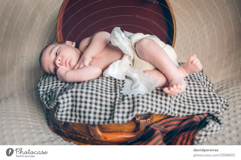 Neugeborenes Baby, das über dem Reisekoffer liegt. Freude schön Körper Haut Gesicht Leben Erholung Ferien & Urlaub & Reisen Kind Mensch Junge Kindheit Koffer