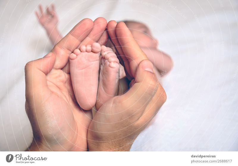 Vater hält die Füße von Neugeborenen, die über dem Bett liegen. schön Haut Leben Schlafzimmer Kind Mensch Baby Eltern Erwachsene Familie & Verwandtschaft