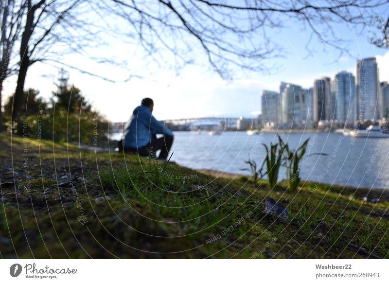 Großstadtidylle Erholung ruhig Sightseeing Städtereise 1 Mensch Schönes Wetter Park Wiese Vancouver Kanada Stadt Hafenstadt Blick sitzen Einsamkeit Freiheit