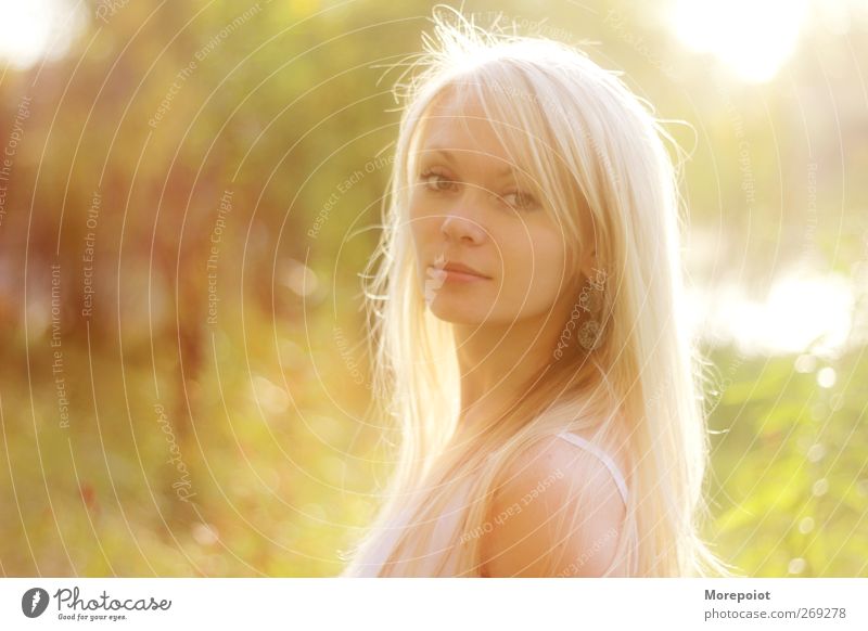Sonnenuntergang feminin Junge Frau Jugendliche Erwachsene Kopf Haare & Frisuren Gesicht 1 Mensch 18-30 Jahre blond langhaarig Blick stehen leuchten ästhetisch