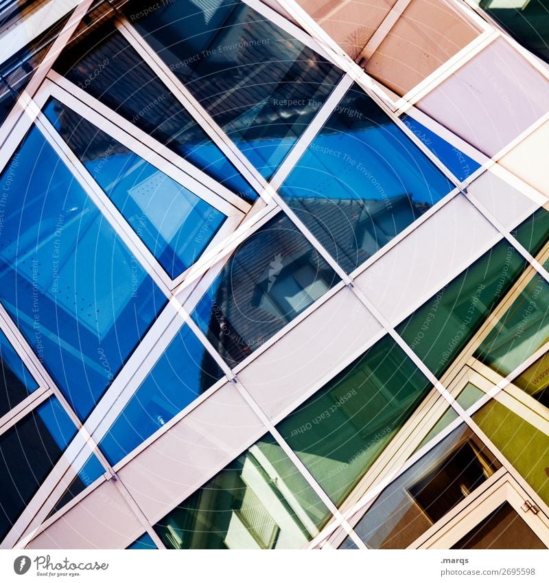 Komplex Bauwerk Architektur Fenster Linie Häusliches Leben ästhetisch authentisch Coolness trendy einzigartig modern blau mehrfarbig gelb grün orange rot weiß