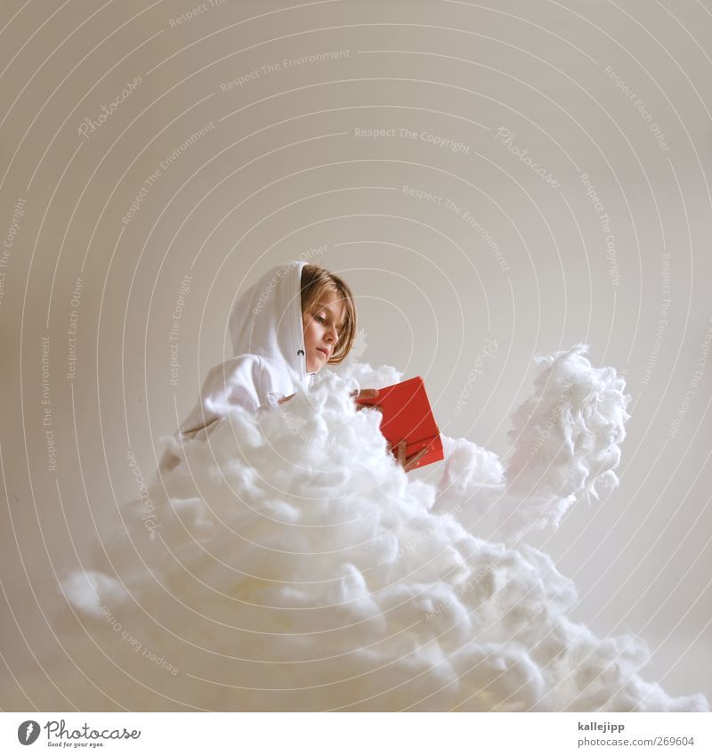frau holle Kindererziehung Bildung lernen Mensch feminin Mädchen Kindheit Leben Kopf 1 Himmel Wolken Wetter Pullover lesen sitzen träumen Buch rot