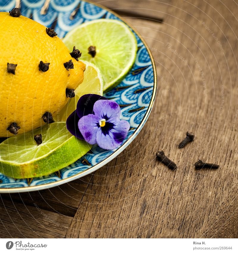 BioWaffe Zitrone Limone Gewürznelke Samen Teller Häusliches Leben Umwelt Frühling Blüte Duft blau gelb biologisch Insektenschutz Holztisch Farbfoto mehrfarbig