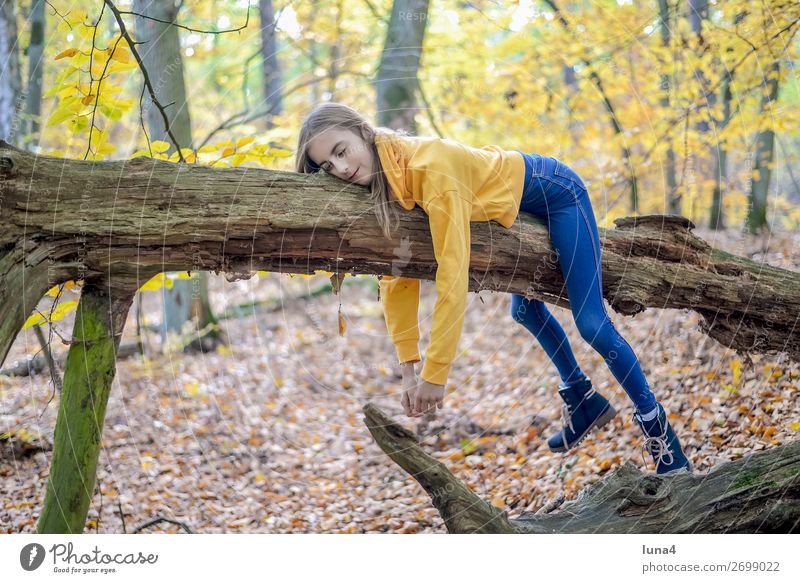 teenager liegt auf Baum Lifestyle Freude Glück Zufriedenheit Erholung ruhig Freizeit & Hobby Ausflug Kind Mädchen Natur Wald träumen Traurigkeit Hoffnung