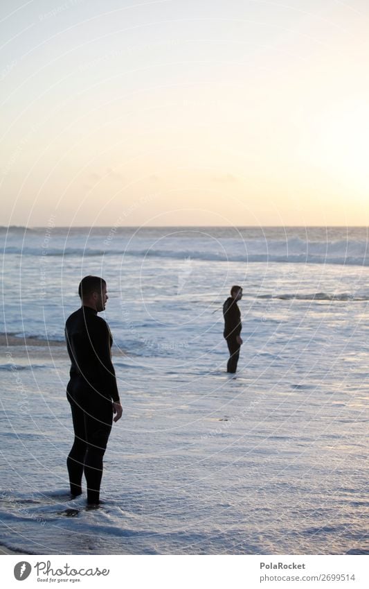 #AS# Zwei Dudes maskulin Junger Mann Jugendliche 2 Mensch Fröhlichkeit Zufriedenheit Lebensfreude Strand Sonnenuntergang Meer Wasser Neoprenanzug genießen
