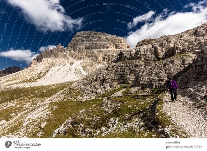 # 808 Drei Zinnen Dolomiten Sextener Dolomiten Weltkulturerbe Hochebene Farbfoto wandern Fußweg Gipfel Bergsteigen Alpen Berge u. Gebirge Schönes Wetter Wiese