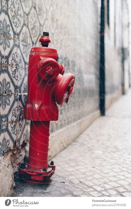 Red hydrant in front of colorful tile wall in Portugal Haus rot Hydrant Wasser Wasserversorgung Fliesen u. Kacheln Fassade mehrfarbig Muster markant