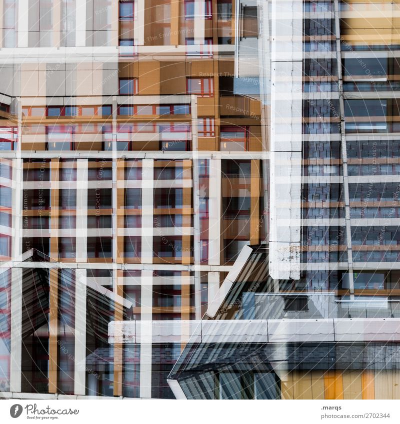 Chaotischer Bau Architektur Doppelbelichtung chaotisch Mehrfamilienhaus wohnen abstrakt Fassade Fenster Gebäude außergewöhnlich Linie Design Strukturen & Formen