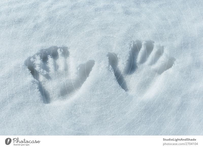 Handabdrücke im Schnee Spielen Winter Kind Mensch Kindheit Kunst Fährte einfach frisch weiß Handflächen zwei Spuren Abdruck Aufdrucke tief kalt Hintergrund
