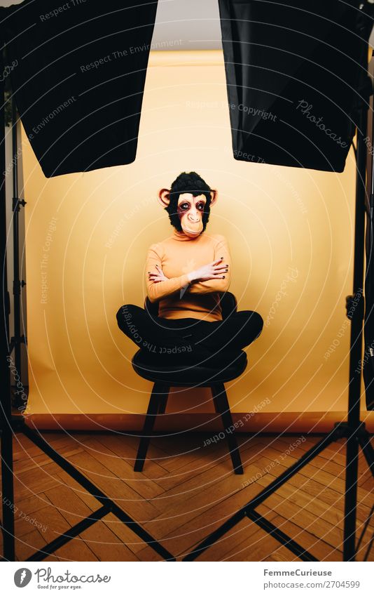 Woman with monkey mask sitting in photo studio feminin Frau Erwachsene 1 Mensch 18-30 Jahre Jugendliche 30-45 Jahre Freude Menschlichkeit verkleidet Evolution