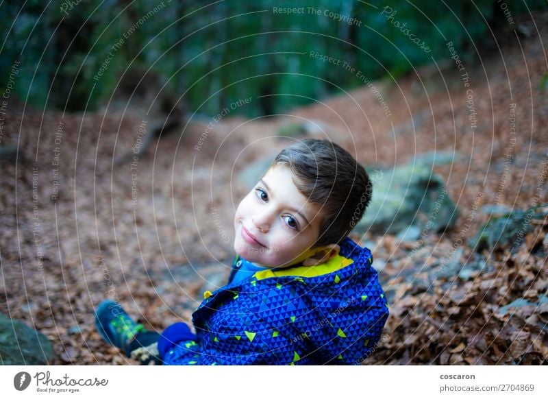 Porträt eines kleinen Jungen im Wald Lifestyle Freude Glück schön Spielen Ferien & Urlaub & Reisen Winter Berge u. Gebirge wandern Garten Kind Baby Kleinkind