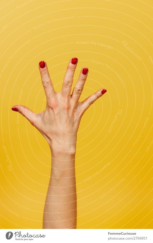 Forearm and hand with spread fingers against a yellow background feminin Junge Frau Jugendliche Erwachsene 1 Mensch 18-30 Jahre 30-45 Jahre gelb Hand Handgelenk