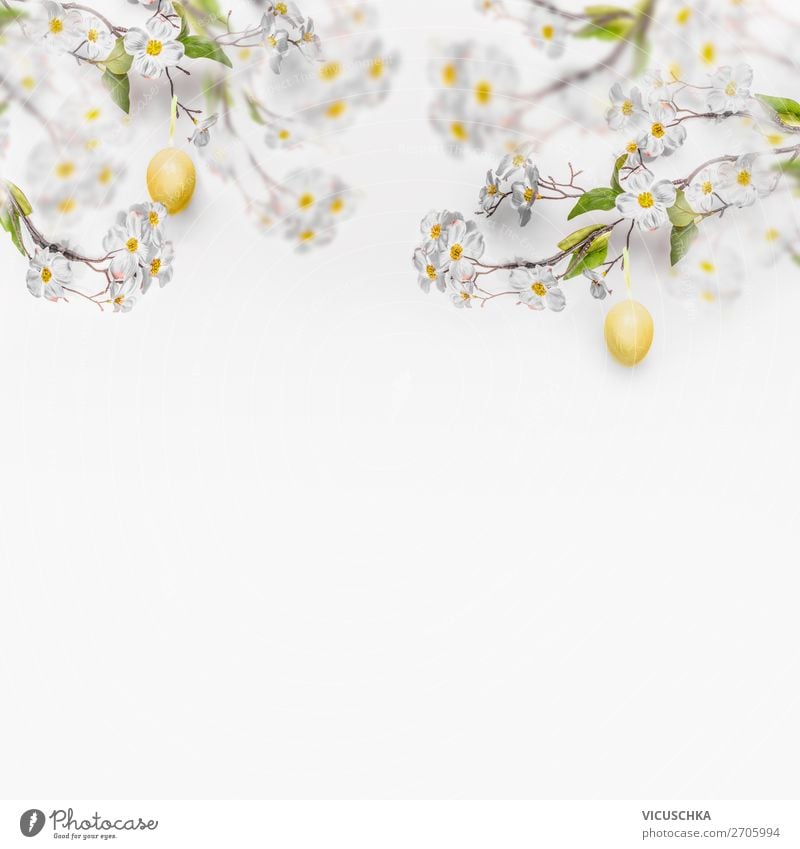 Weiße Frühlingsblüten mit hängenden gelben Ostereiern Stil Design Ostern Natur Pflanze Blüte Dekoration & Verzierung Fahne Tradition Hintergrundbild
