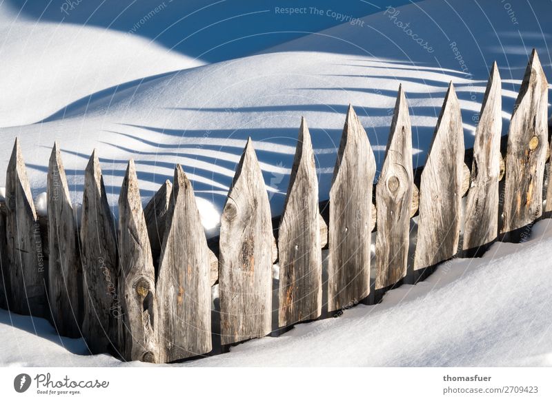 Schnee, Zaun Winter Berge u. Gebirge Garten Umwelt Natur Schönes Wetter Eis Frost Alpen Holz blau braun weiß bedrohlich Identität kalt Überwachung Verbote