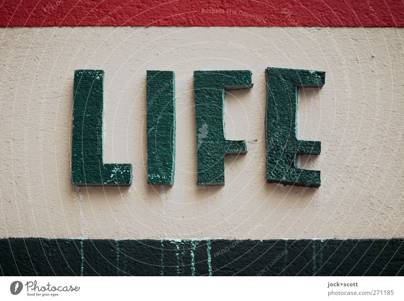 Life is bunt. Wand Schriftzeichen Streifen dreckig grün erleben Putz Englisch Leben Styropor hervorragend selbstgemacht verwittert Schaumstoff ausgeschnitten