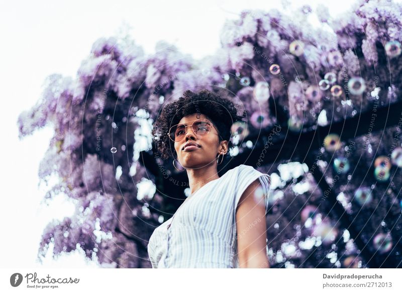 Fröhliche junge schwarze Frau, umgeben von Blumen. Blüte Frühling Fliederbusch Porträt multiethnisch Afrikanisch Person gemischter Abstammung Lächeln Wegsehen