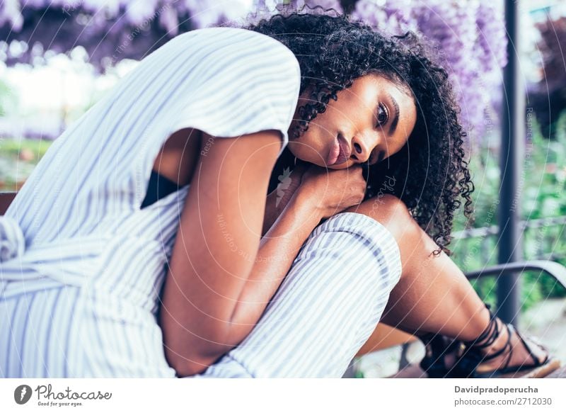 Junge traurige schwarze Frau, die umgeben von Blumen sitzt. Blüte Fürsorge Frühling Fliederbusch Porträt multiethnisch Afrikanisch Person gemischter Abstammung