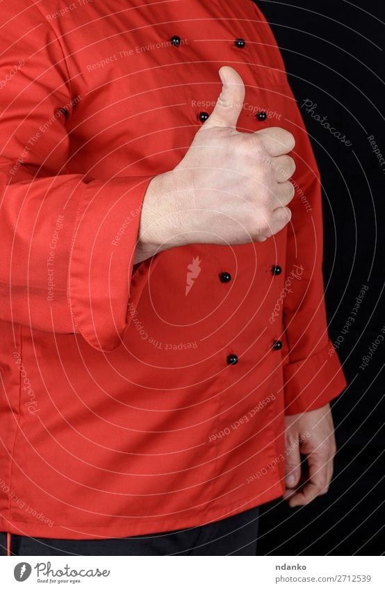 Koch in rot zeigt Geste wie z.B. elegant Stil Körper Küche Restaurant Beruf Mensch Mann Erwachsene Hand Bekleidung Jacke gut schwarz Gefühle kaufen Kreativität