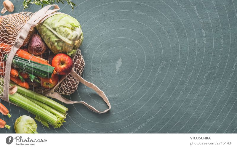Bio-Gemüse in wiederverwendbarer Netztasche Lebensmittel kaufen Stil Design Gesunde Ernährung Verpackung Sack Fahne Hintergrundbild Recycling Kulturbeutel