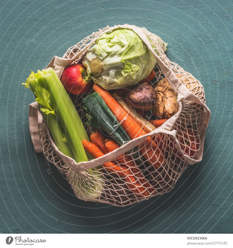 Bio-Gemüse in umweltfreundlichem Netzbeutel Lebensmittel kaufen Design Gesunde Ernährung Stil Bioprodukte ökologisch wiederverwendbar Tasche Beutel Farbfoto