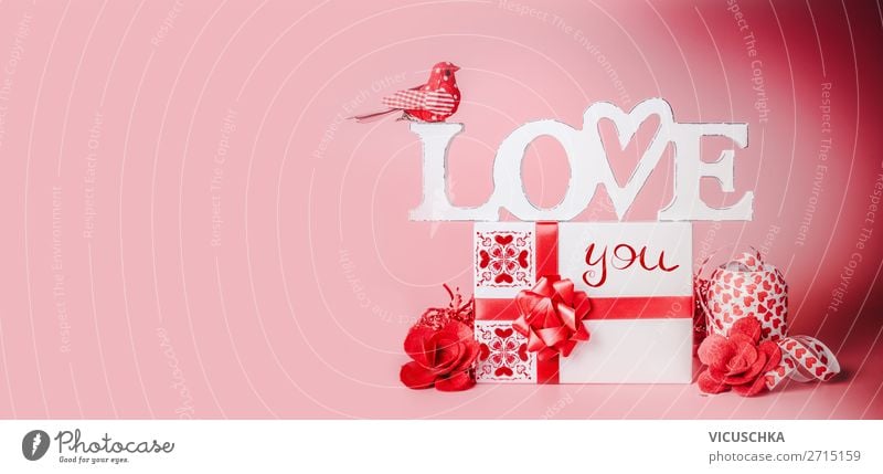 Valentinstag Hintergrund mit Geschenk kaufen Stil Design Dekoration & Verzierung Party Veranstaltung Feste & Feiern Schleife Herz Fahne Liebe rot Tradition