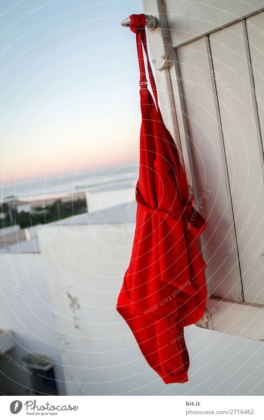 Roter Badeanzug hängt an Fensterladen am Meer. Gesundheit Wellness Spa Ferien & Urlaub & Reisen Tourismus Ausflug Ferne Freiheit Sommerurlaub Sonnenbad Luft
