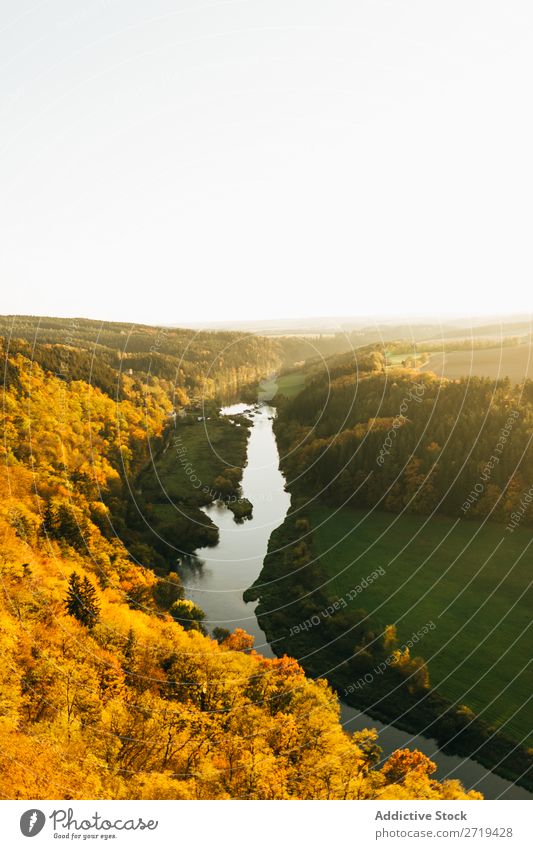 Malerisches Tal aus der Höhe Gold Fluss Mittelgebirge Landschaft Panorama (Bildformat) Morgen hell Herbst Fernweh Beautyfotografie Tourist Natur