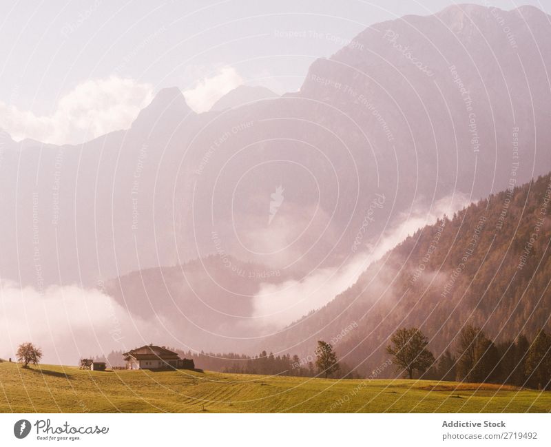 Schöne Landschaft mit Bergen Wiese Berge u. Gebirge Nebel Sommer Wolken Dorf Sonnenlicht Natur Wald Ferien & Urlaub & Reisen grün Morgen Panorama (Bildformat)