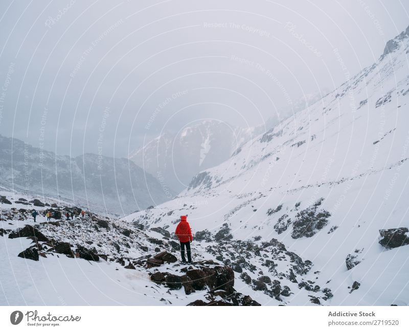 Anonyme Person in verschneiten Bergen Felsen Gipfel Berge u. Gebirge Schnee Landschaft Schottisches Hochlandrind Panorama (Bildformat) Top Natur Umwelt Wildnis