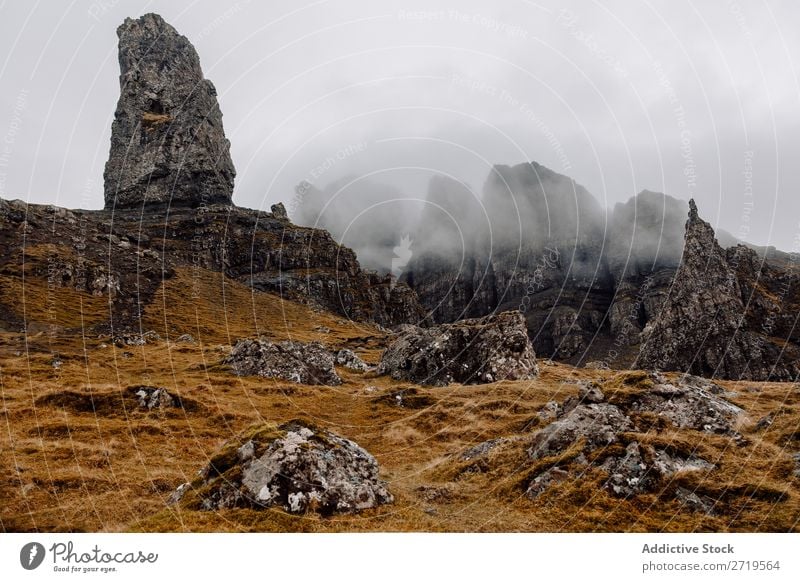 Neblige Berge und trockenes Gras Berge u. Gebirge Wolken regenarm Natur Landschaft natürlich Ferien & Urlaub & Reisen Felsen Tourismus Stein Schottland Nebel