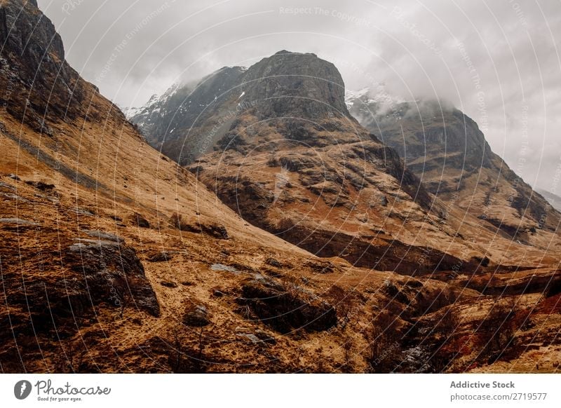 Neblige Berge und trockenes Gras Berge u. Gebirge Wolken regenarm Natur Landschaft natürlich Ferien & Urlaub & Reisen Felsen Tourismus Stein Schottland Wald