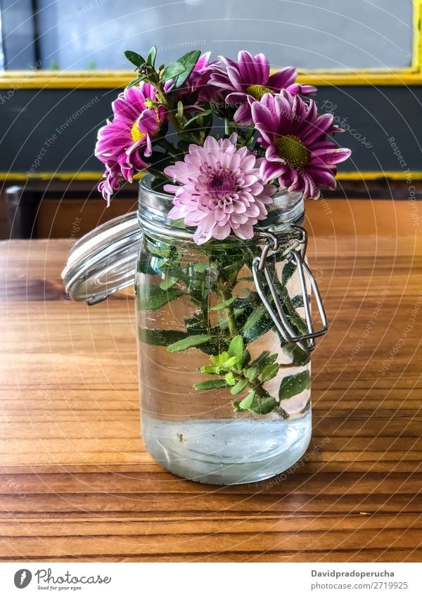 bunte Gänseblümchen im Glas über dem Tisch Natur Frühling schön rosa Beautyfotografie Hintergrundbild geblümt Blütenblatt weiß Pflanze Blume natürlich frisch