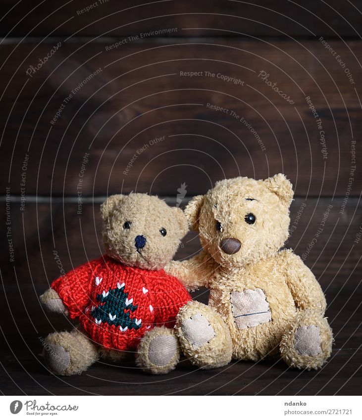 zwei braune Soft-Teddybären Valentinstag Kind Spielzeug Puppe Holz Liebe sitzen Umarmen Zusammensein klein niedlich retro weich Hilfsbereitschaft Freundschaft