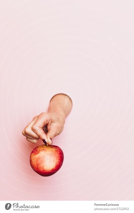 A woman's hand holding an apple Lebensmittel Ernährung Frühstück Büffet Brunch Picknick Bioprodukte Vegetarische Ernährung Diät feminin Frau Erwachsene 1 Mensch